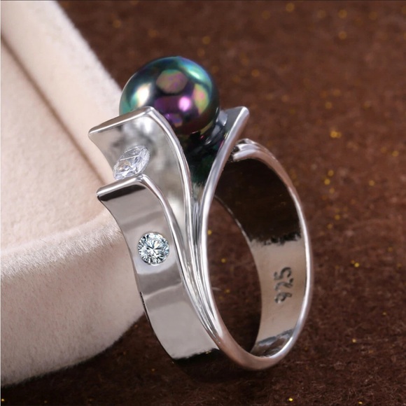💋Gorgeous Sterling Silver Lux Black Rainbow Iridescent Tahitan Pearl & CZ ring - Picture 17 of 17